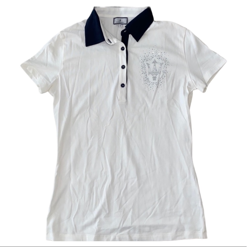 Maserti authentic women’s shirt size large white rhinestone sparkle